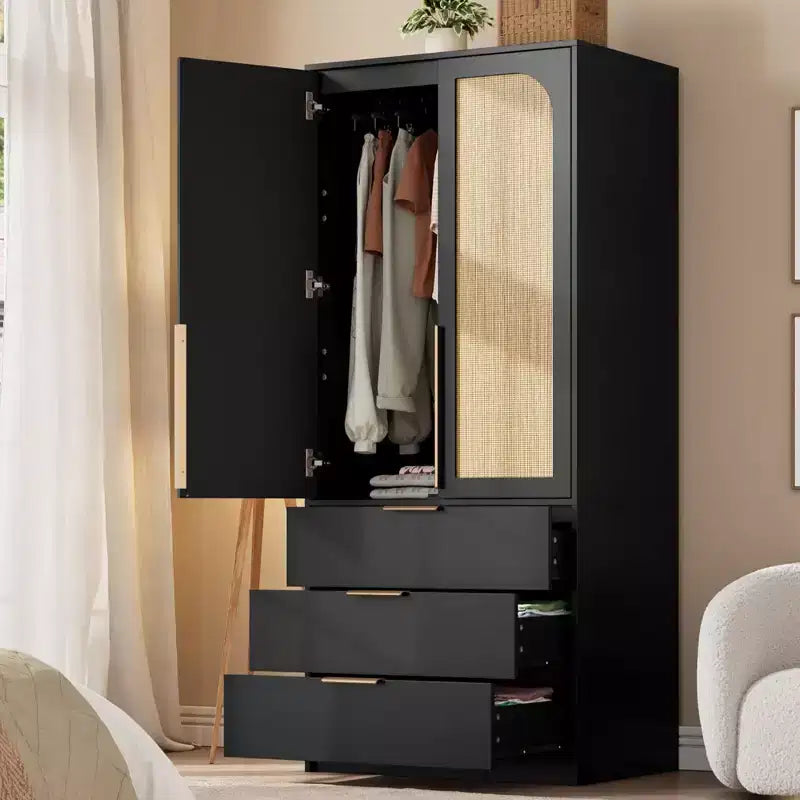 Wardrobe Closet, 69.5 Wooden Wardrobe Cabinet with 3 Drawers, Hanging Rod, 2 Rattan Doors Clothing Storage Cabinet for Bedroom, Large Capacity