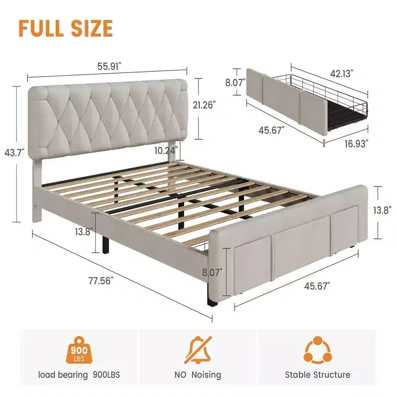 Bed Frame with 2 Drawers, Upholstered Platform Bed with Storage, No Box Spring Needed