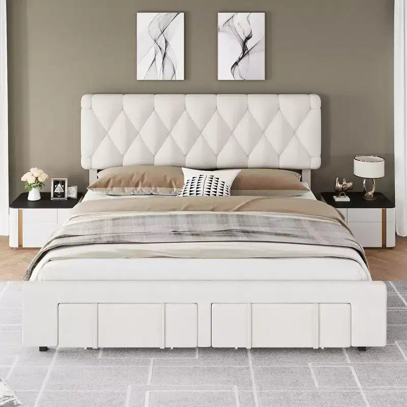 Bed Frame with 2 Drawers, Upholstered Platform Bed with Storage, No Box Spring Needed