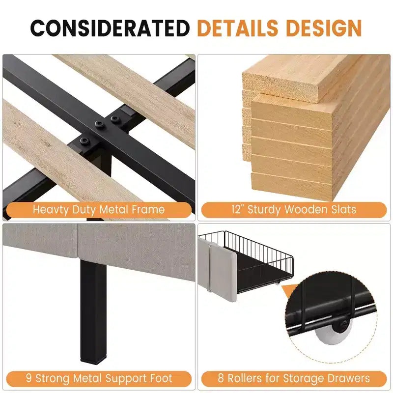 Bed Frame with 2 Drawers, Upholstered Platform Bed with Storage, No Box Spring Needed