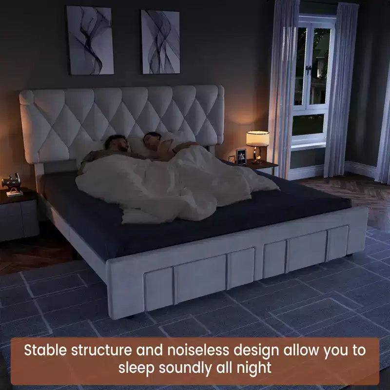 Bed Frame with 2 Drawers, Upholstered Platform Bed with Storage, No Box Spring Needed