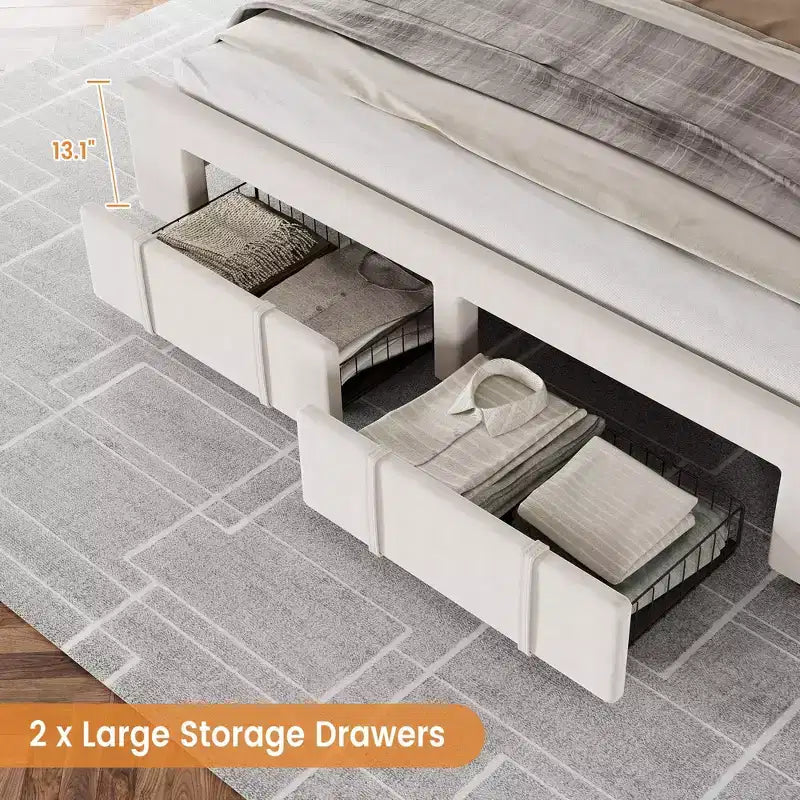 Bed Frame with 2 Drawers, Upholstered Platform Bed with Storage, No Box Spring Needed