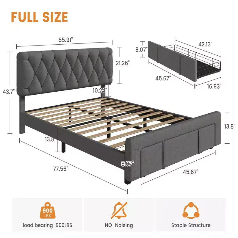 Bed Frame with 2 Drawers, Upholstered Platform Bed with Storage, No Box Spring Needed