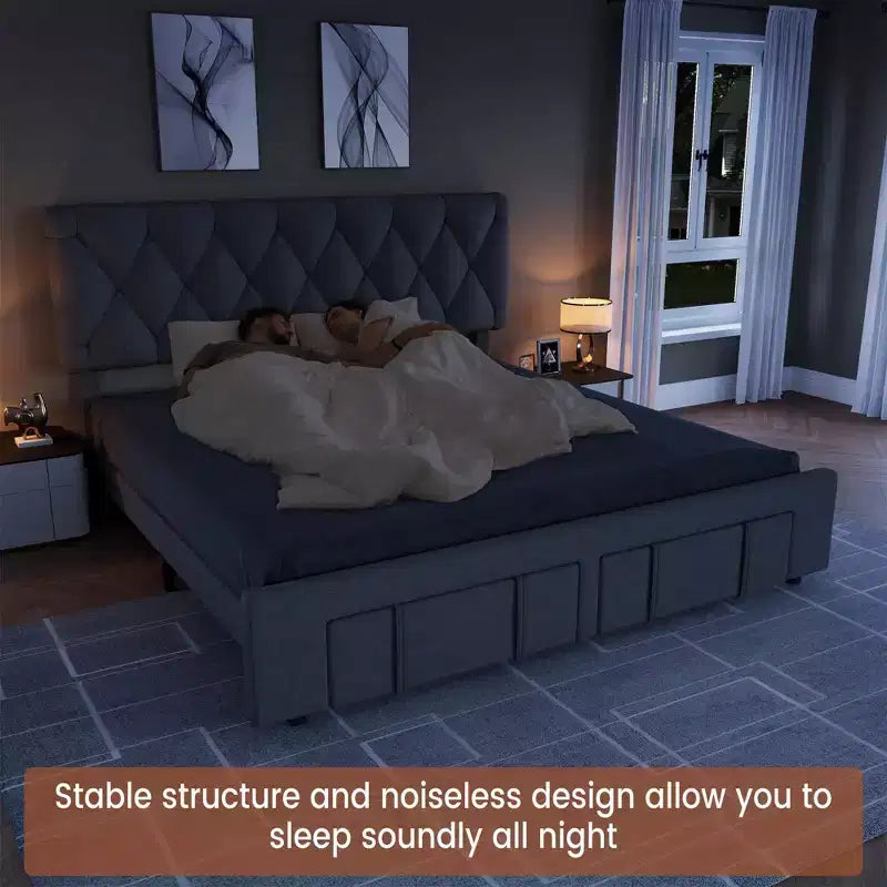 Bed Frame with 2 Drawers, Upholstered Platform Bed with Storage, No Box Spring Needed