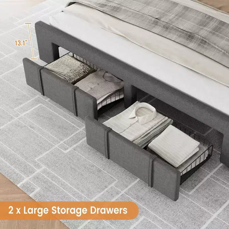 Bed Frame with 2 Drawers, Upholstered Platform Bed with Storage, No Box Spring Needed