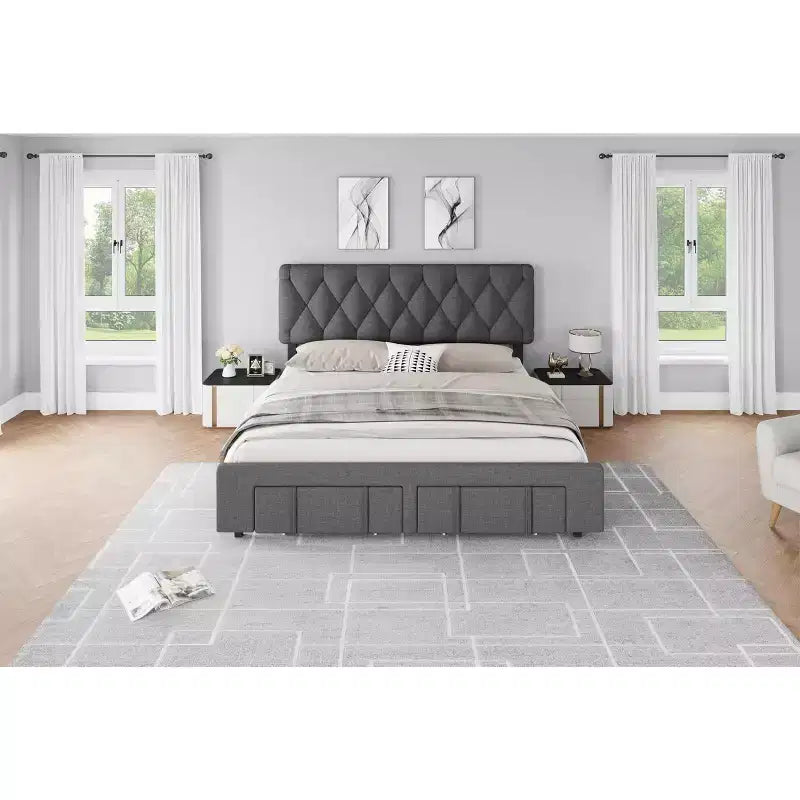 Bed Frame with 2 Drawers, Upholstered Platform Bed with Storage, No Box Spring Needed
