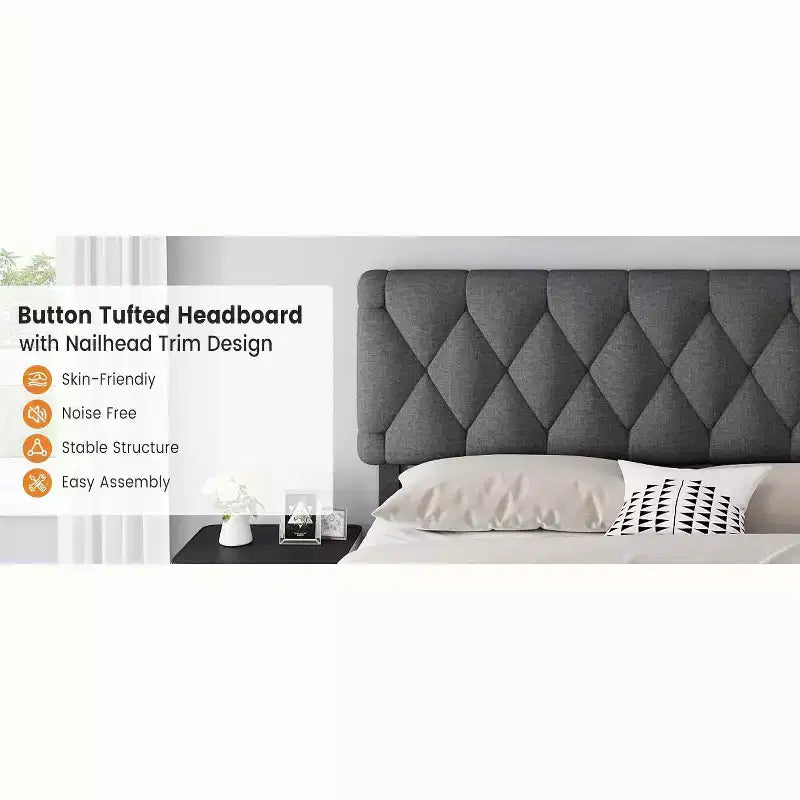 Bed Frame with 2 Drawers, Upholstered Platform Bed with Storage, No Box Spring Needed