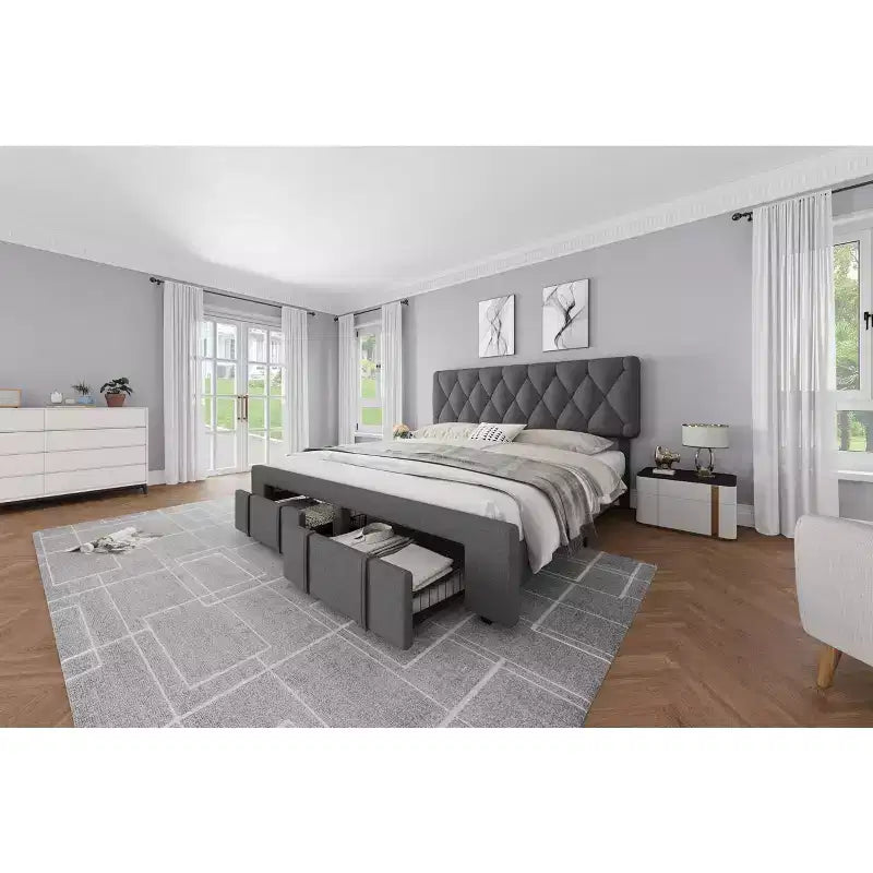 Bed Frame with 2 Drawers, Upholstered Platform Bed with Storage, No Box Spring Needed