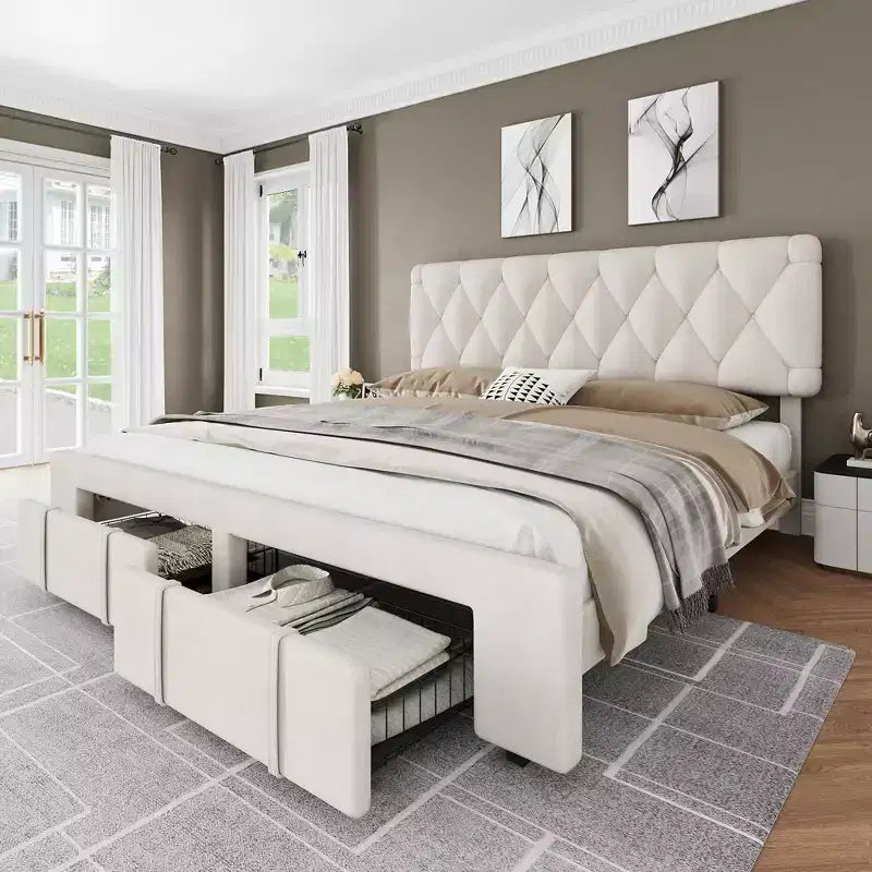 Bed Frame with 2 Drawers, Upholstered Platform Bed with Storage, No Box Spring Needed