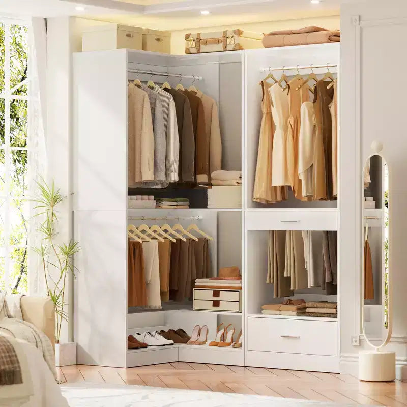 Besiost Freestanding Corner Closet System with 2 Hanging Rods and Shoes Shelf