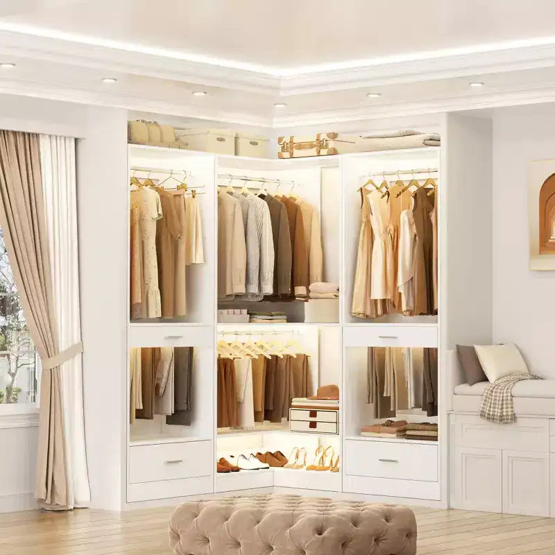 Besiost Freestanding Corner Closet System with 2 Hanging Rods and Shoes Shelf
