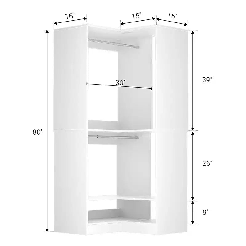 Besiost Freestanding Corner Closet System with 2 Hanging Rods and Shoes Shelf