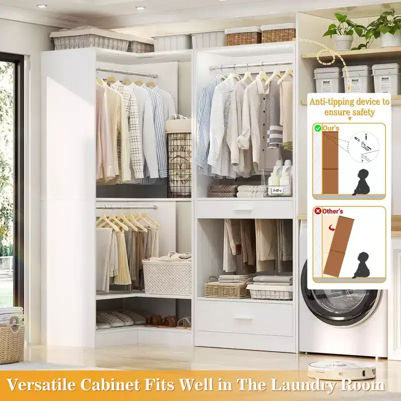 Besiost Freestanding Corner Closet System with 2 Hanging Rods and Shoes Shelf