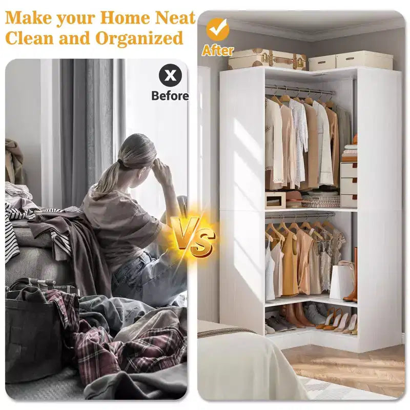 Besiost Freestanding Corner Closet System with 2 Hanging Rods and Shoes Shelf