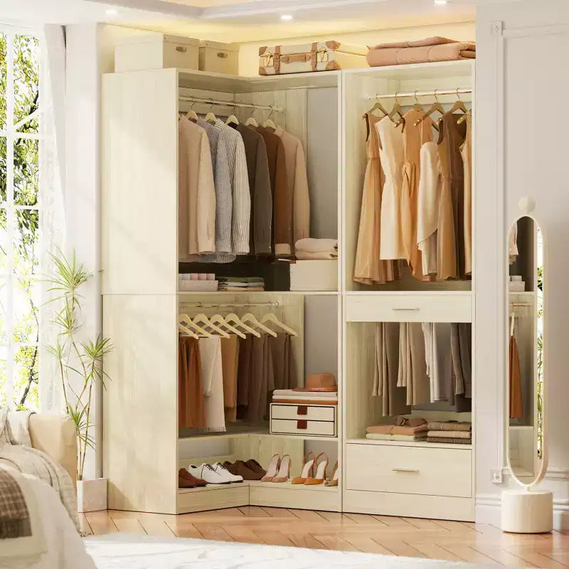 Besiost Freestanding Corner Closet System with 2 Hanging Rods and Shoes Shelf