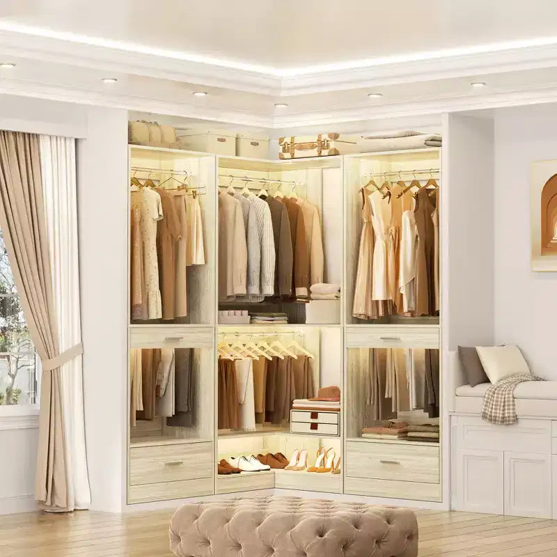 Besiost Freestanding Corner Closet System with 2 Hanging Rods and Shoes Shelf
