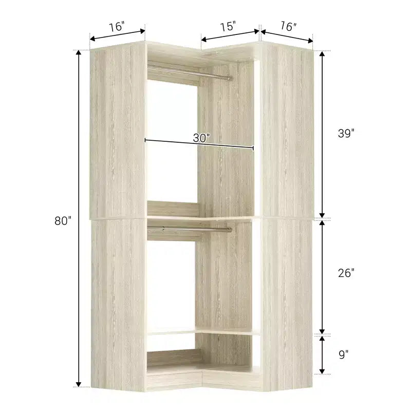 Besiost Freestanding Corner Closet System with 2 Hanging Rods and Shoes Shelf