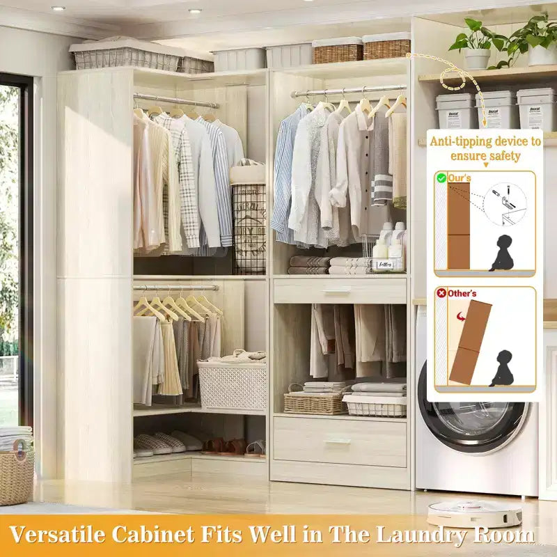 Besiost Freestanding Corner Closet System with 2 Hanging Rods and Shoes Shelf