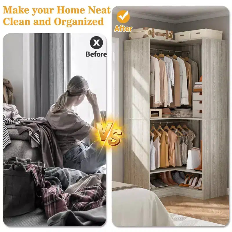 Besiost Freestanding Corner Closet System with 2 Hanging Rods and Shoes Shelf