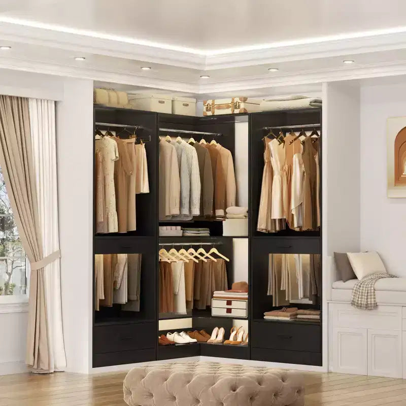 Besiost Freestanding Corner Closet System with 2 Hanging Rods and Shoes Shelf