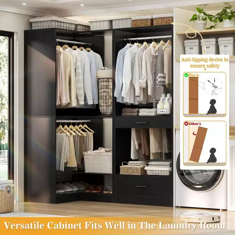 Besiost Freestanding Corner Closet System with 2 Hanging Rods and Shoes Shelf