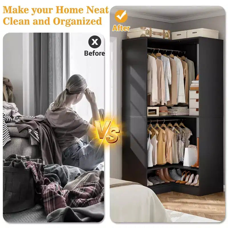 Besiost Freestanding Corner Closet System with 2 Hanging Rods and Shoes Shelf