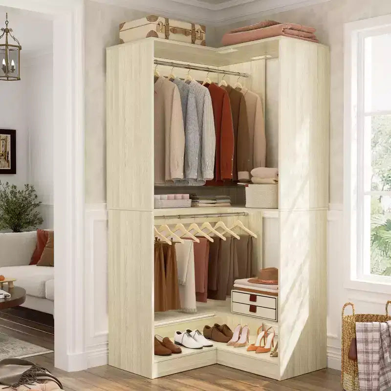 Besiost Freestanding Corner Closet System with 2 Hanging Rods and Shoes Shelf