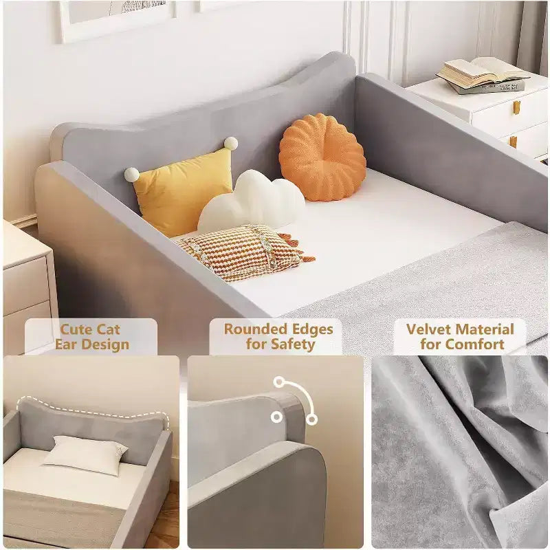 JOYMOR Toddler Bed, Floor Bed with Safety Guadrail, Montessori Toddler Bed with Animal Ear Shapes