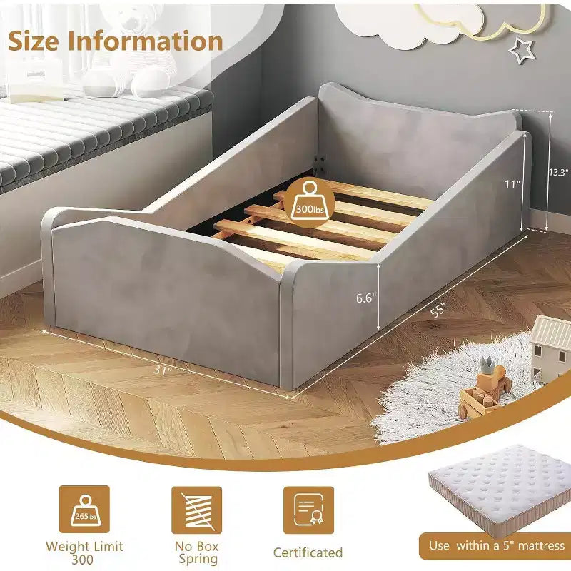 JOYMOR Toddler Bed, Floor Bed with Safety Guadrail, Montessori Toddler Bed with Animal Ear Shapes
