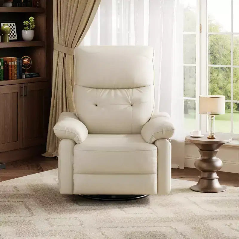 Power Recliner Chair, 270 Swivel Rocking Glider PU Leather Upholstered Fabric and Button Tufted Backrest, Ergonomic Nursery Chair for Living Room