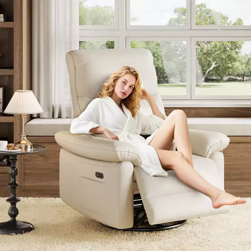 Power Recliner Chair, 270 Swivel Rocking Glider PU Leather Upholstered Fabric and Button Tufted Backrest, Ergonomic Nursery Chair for Living Room
