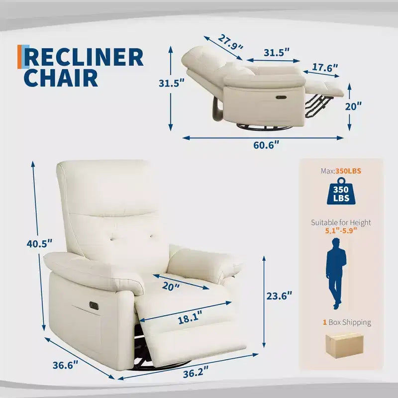 Power Recliner Chair, 270 Swivel Rocking Glider PU Leather Upholstered Fabric and Button Tufted Backrest, Ergonomic Nursery Chair for Living Room