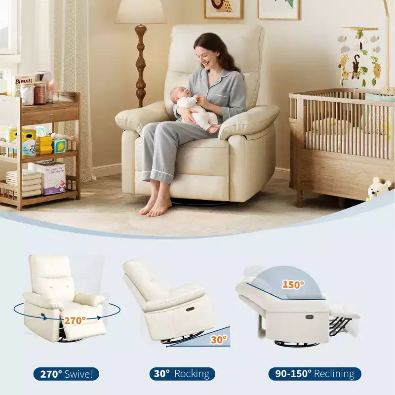 Power Recliner Chair, 270 Swivel Rocking Glider PU Leather Upholstered Fabric and Button Tufted Backrest, Ergonomic Nursery Chair for Living Room
