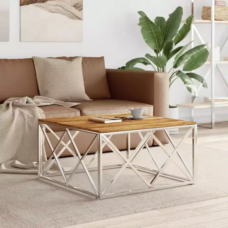 vidaXL Coffee Table Accent Side End Table for Living Room Stainless Steel - Silver and Light Brown Wood