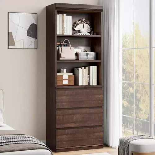 COZONY 70 Tall Bookcase with Drawers, Deep Wooden Bookshelf Storage Cabinet Organizer, Farmhouse Style, Home Office/Living Room, Brown