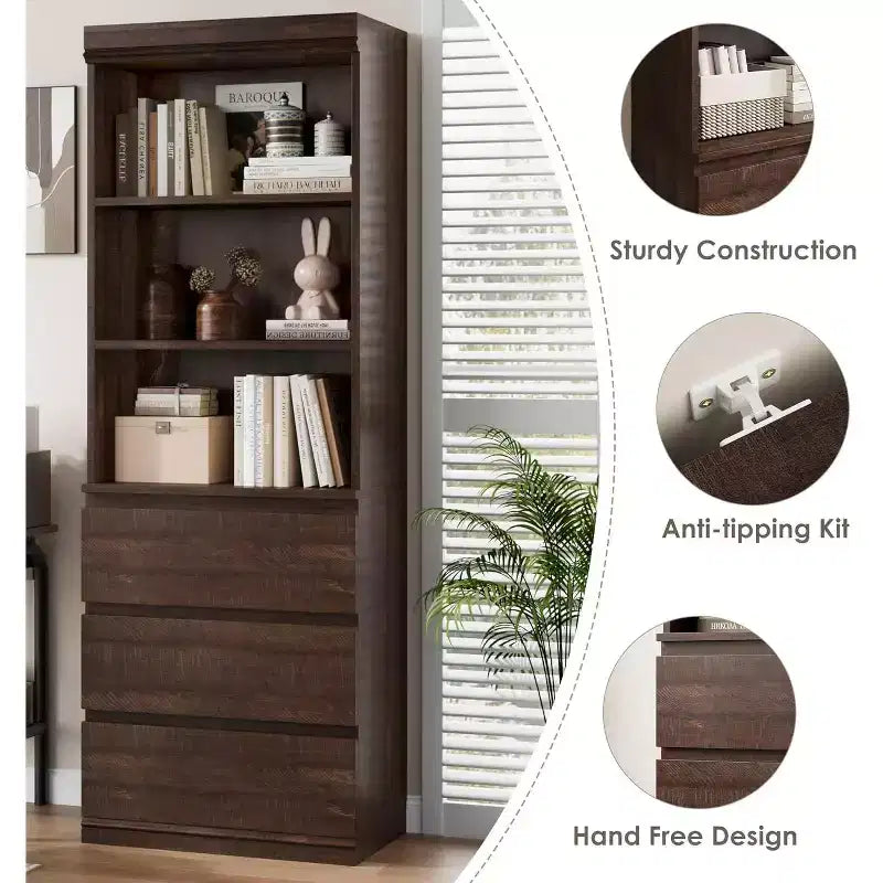 COZONY 70 Tall Bookcase with Drawers, Deep Wooden Bookshelf Storage Cabinet Organizer, Farmhouse Style, Home Office/Living Room, Brown