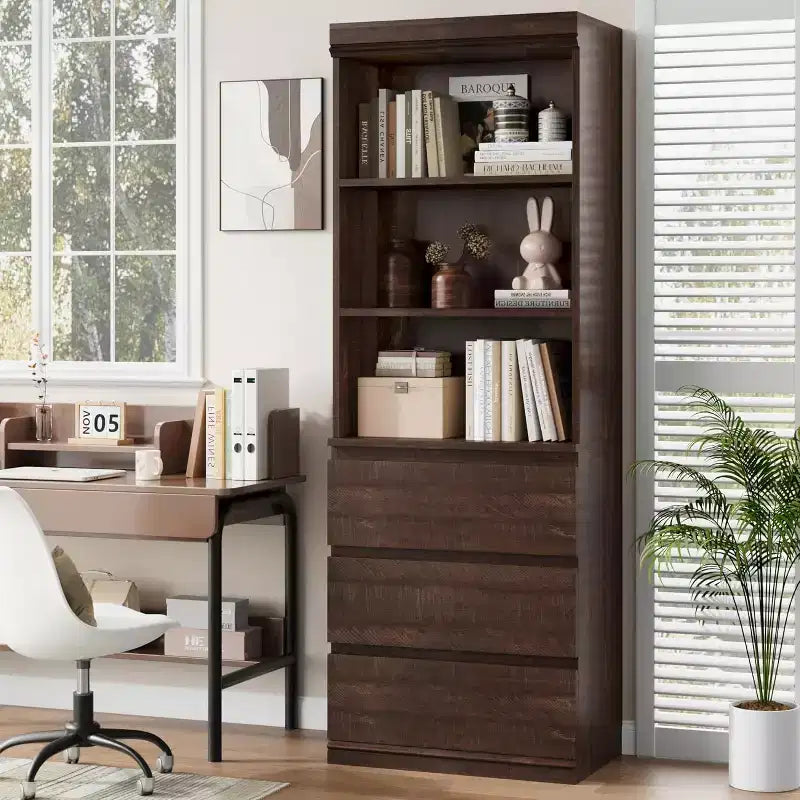 COZONY 70 Tall Bookcase with Drawers, Deep Wooden Bookshelf Storage Cabinet Organizer, Farmhouse Style, Home Office/Living Room, Brown