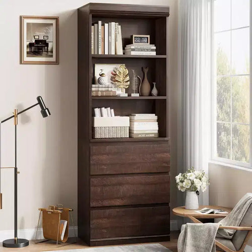 COZONY 70 Tall Bookcase with Drawers, Deep Wooden Bookshelf Storage Cabinet Organizer, Farmhouse Style, Home Office/Living Room, Brown