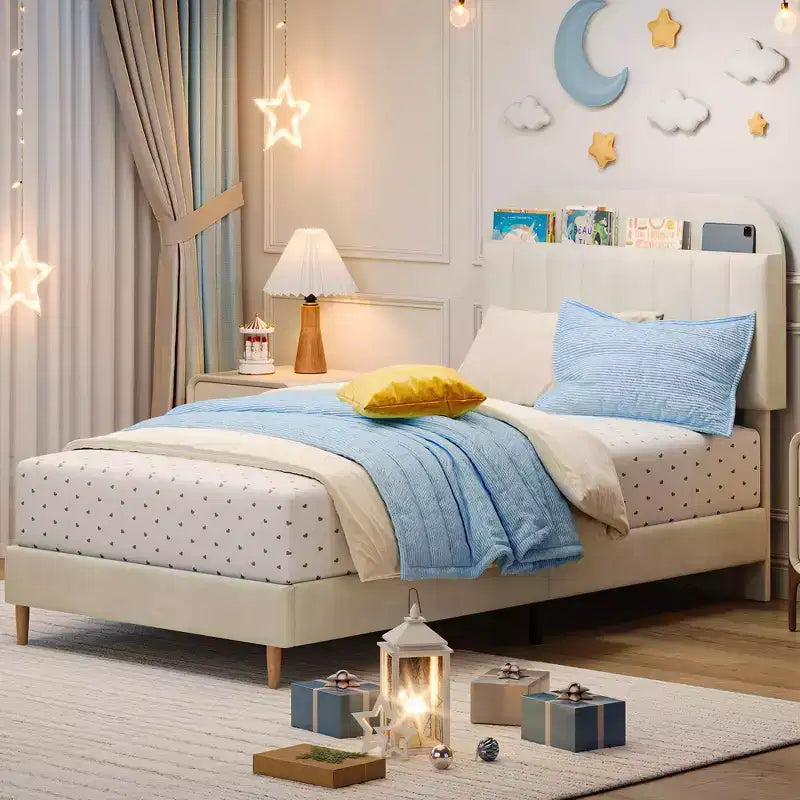 Upholstered Velvet Platform Bed Frame with Bookcase Headboard, Bed with Steel Support Legs, Noise-Free, Easy Assembly, Mattress Foundation