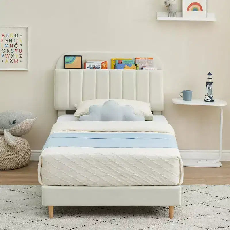Upholstered Velvet Platform Bed Frame with Bookcase Headboard, Bed with Steel Support Legs, Noise-Free, Easy Assembly, Mattress Foundation
