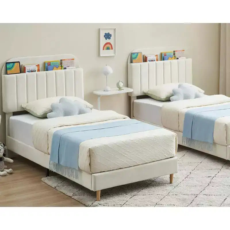 Upholstered Velvet Platform Bed Frame with Bookcase Headboard, Bed with Steel Support Legs, Noise-Free, Easy Assembly, Mattress Foundation