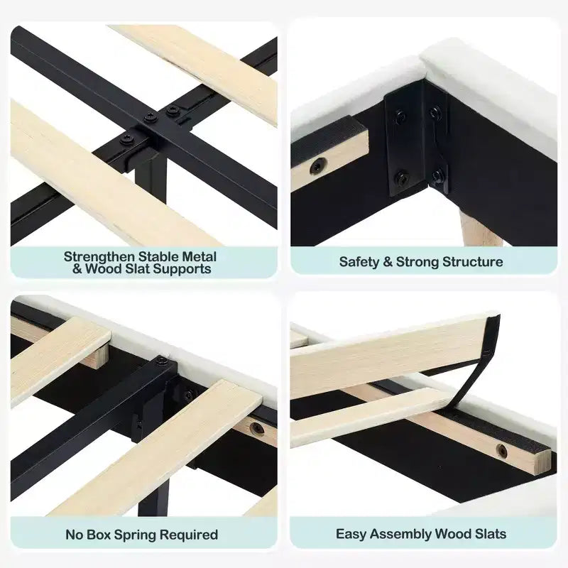 Upholstered Velvet Platform Bed Frame with Bookcase Headboard, Bed with Steel Support Legs, Noise-Free, Easy Assembly, Mattress Foundation