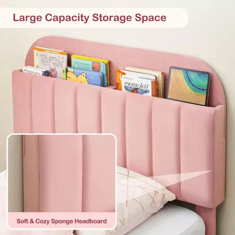 Upholstered Velvet Platform Bed Frame with Bookcase Headboard, Bed with Steel Support Legs, Noise-Free, Easy Assembly, Mattress Foundation