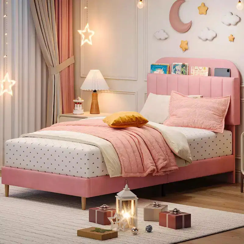 Upholstered Velvet Platform Bed Frame with Bookcase Headboard, Bed with Steel Support Legs, Noise-Free, Easy Assembly, Mattress Foundation