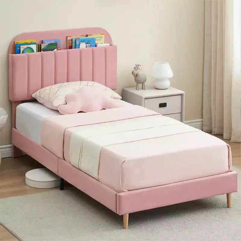 Upholstered Velvet Platform Bed Frame with Bookcase Headboard, Bed with Steel Support Legs, Noise-Free, Easy Assembly, Mattress Foundation