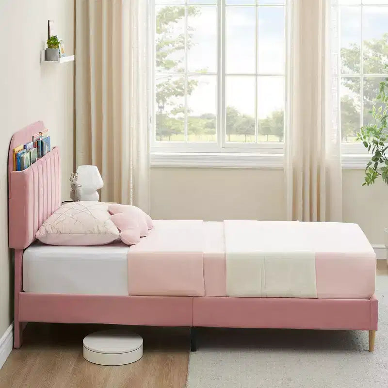 Upholstered Velvet Platform Bed Frame with Bookcase Headboard, Bed with Steel Support Legs, Noise-Free, Easy Assembly, Mattress Foundation