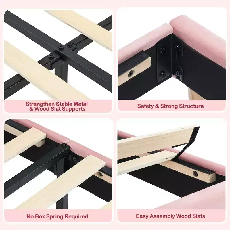 Upholstered Velvet Platform Bed Frame with Bookcase Headboard, Bed with Steel Support Legs, Noise-Free, Easy Assembly, Mattress Foundation