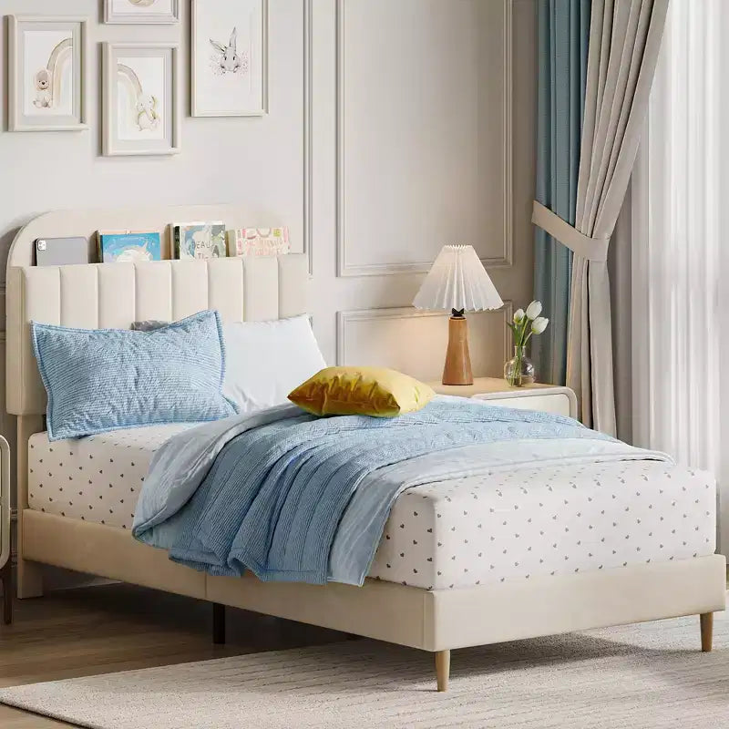 Upholstered Velvet Platform Bed Frame with Bookcase Headboard, Bed with Steel Support Legs, Noise-Free, Easy Assembly, Mattress Foundation