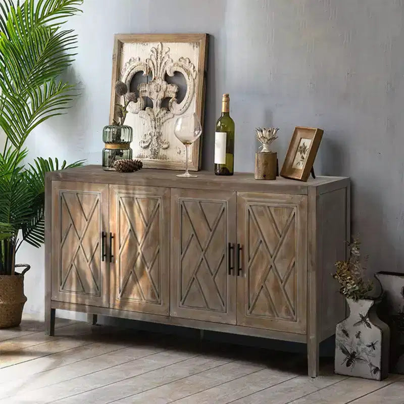 CuisinSmart 60'' Sideboard Buffet Cabinet, Vintage Wooden Sideboard Storage Cabinet with 4 Doors&Adjustable Shelf, Accent Cabinet for Living Room