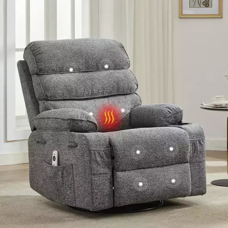 Rocker Recliner, 360 Swivel Linen Glider Chairs, Side Pocket & 2 Cup Holders, for Living Room, Bedroom